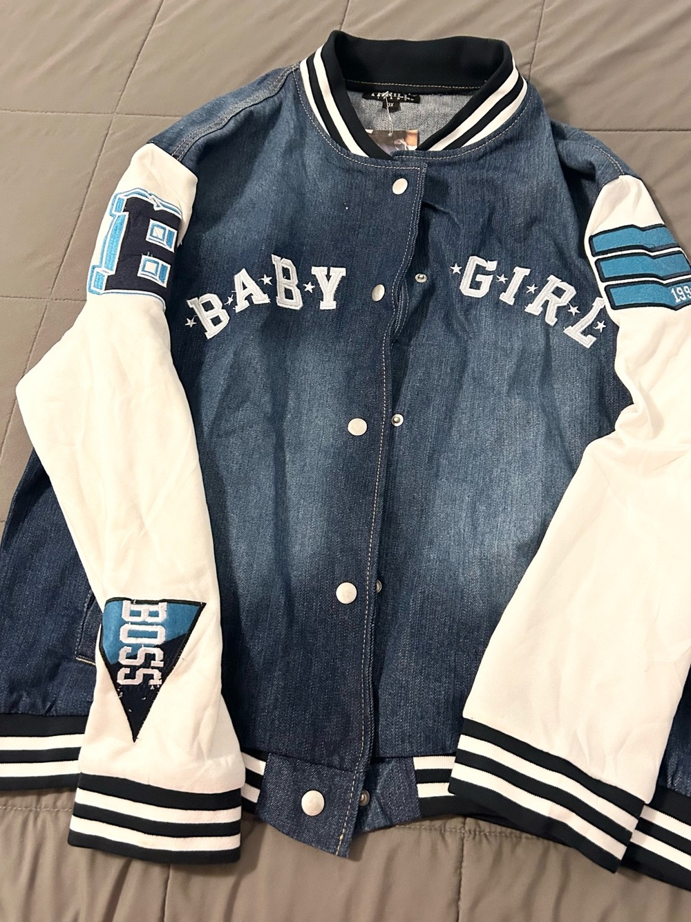 Women’s Denim Varsity Jacket with Cotton Sleeves - Blue & White